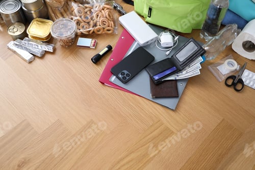 Preview: Survival kit. Different emergency supplies on wooden table indoors, above view