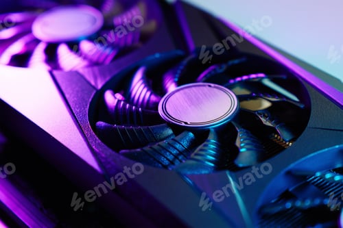 Preview: Modern gaming graphics card illuminated by neon lights