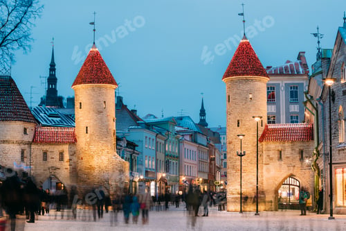 Preview: Tallinn, Estonia. Famous Landmark Viru Gate In Street Lighting A