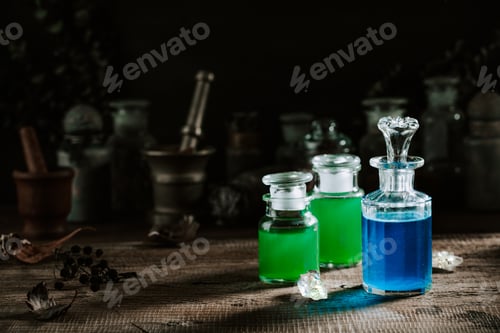 Preview: Witchcraft still life concept with potion, herbs ingredients and magical equipment