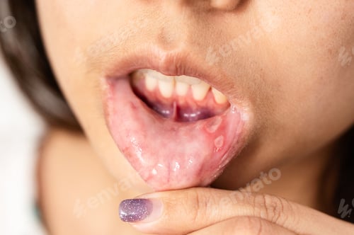 Preview: Asian woman have Aphthous ulcer or Canker sore on mouth at lip