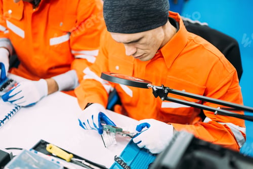 Preview: Professional engineer checking and repairing parts of robotic arm machine