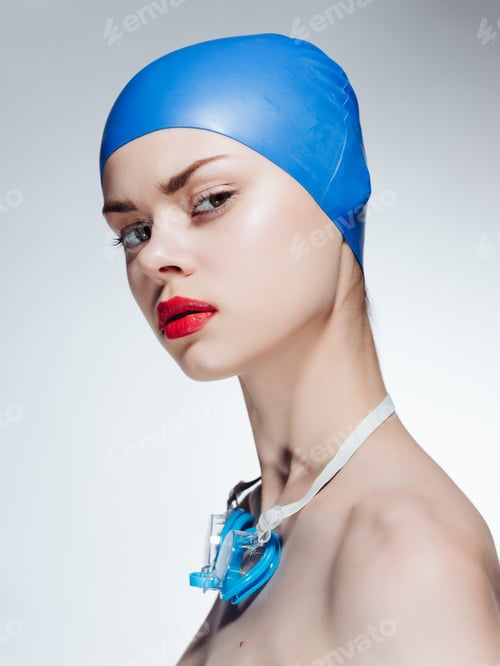 Preview: sporty woman with red lips swimming cap
