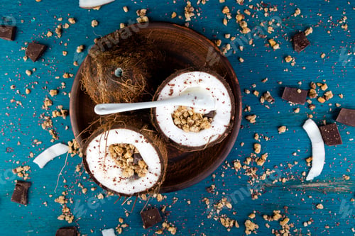 Preview: Healthy breakfast in coconut bowl.