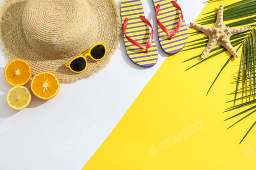 Preview: Summer vacation composition on two tone background. Space for text, top view