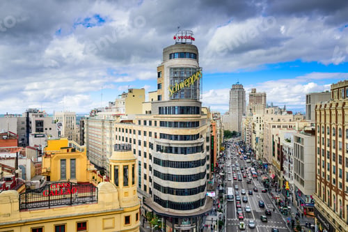 Preview: Madrid, Spain - October 15, 2014: Gran Via At The Iconic Schweppes Sign. The Street Is The Main