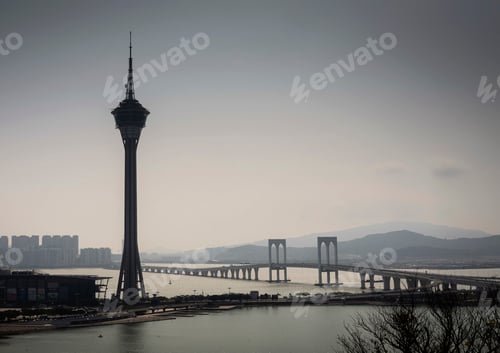 Preview: macau tower and taipa bridge skyline view on foggy day