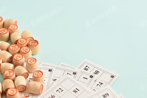 Preview: Russian lotto on a blue background with a space for text. Board games in summer