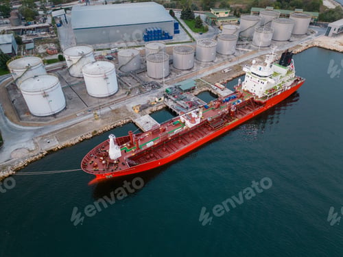 Preview: Tanker ship refueling at an oil terminal with storage silo's in the port, aerial view