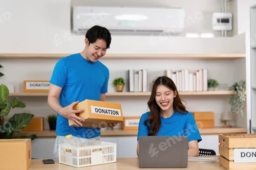 Preview: Donation and Volunteer Work. Young adults engaging in donation organization at a community center.