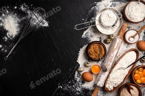 Preview: Baking ingredients on black background with copy space