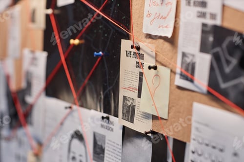 Preview: Closeup evidence board with red thread connecting pictures