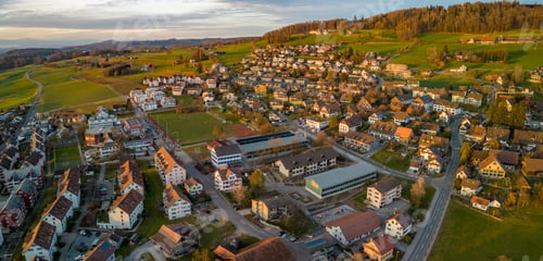 Preview: Aerial panorama view to lake Zug and Swiss Alps with Mettmenstetten, Switzerland