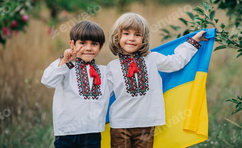 Preview: Handsome happy boys, ukrainian patriots 4 years old children with national flag