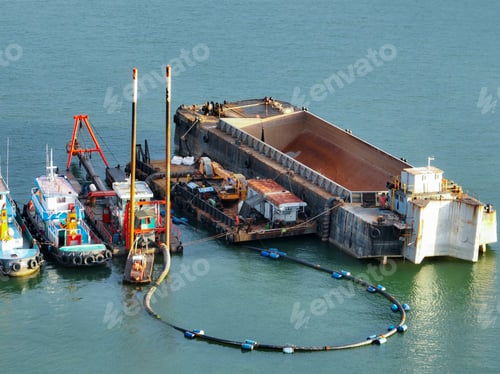 Preview: Heavy maritime engineering vessel conducting offshore dredging work with crane equipment and support