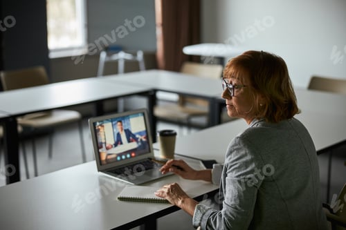 Preview: Woman Attends Virtual Meeting in Bright Conference Room