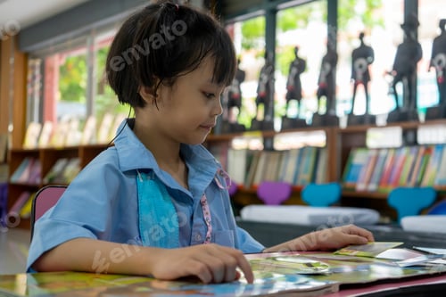 Preview: A girl student sitting in the library reading a book.