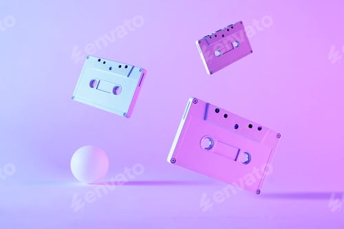 Preview: Artistic still life of floating audio cassettes