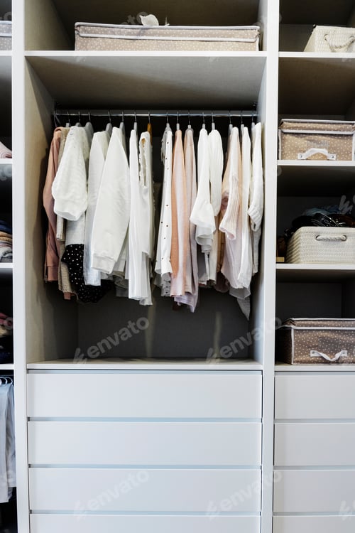 Preview: Neatly Organized Clothes in Closet with Drawers