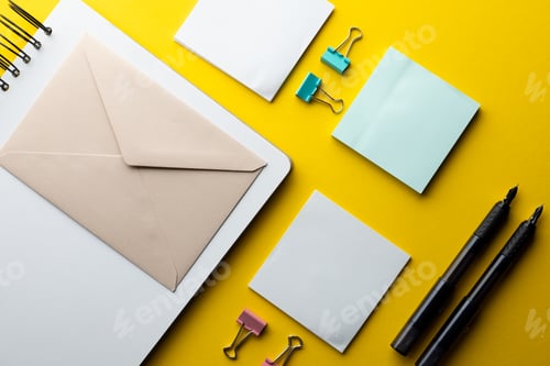 Preview: Flat lay of black pens, envelope and white paper with copy space on yellow background