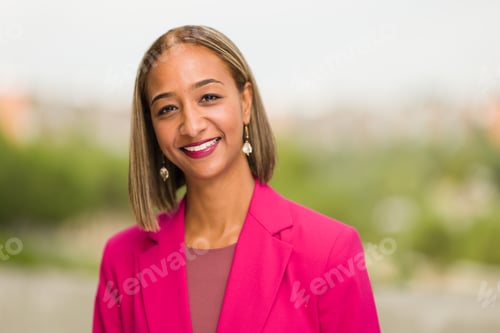 Preview: south African businesswoman CEO Headshot in blurry background. Millennial woman entrepreneur