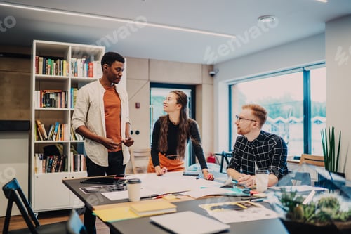 Preview: Multiethnic colleagues actively discussing assignment project