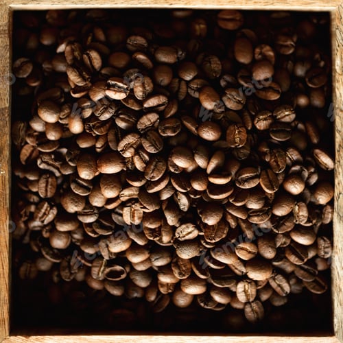 Preview: Raw and roasted coffee beans in wooden box. Ingredients for coffee beverage. Food background