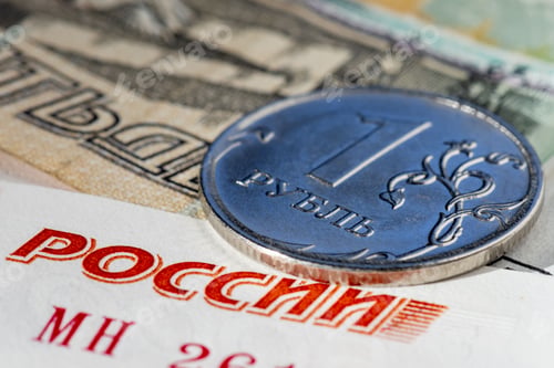 Preview: Closeup shot of cash of the Russian Federation. 1 ruble coin and banknote detail