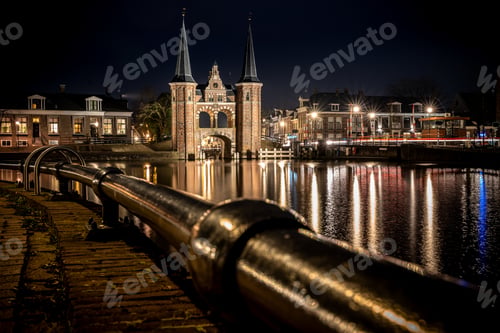 Preview: Waterpoort surrounded by buildings and the river during the night in Sneek in the Netherlands