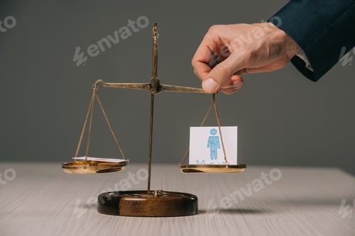 Preview: cropped view of businessman with scales of justice and male signs, gender stereotypes concept