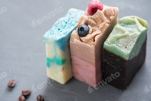 Preview: three bars of hand made organic soap for spa relax routine. exfoliating soap