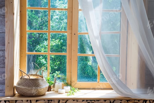 Preview: Empty room, wooden window with with curtain and window