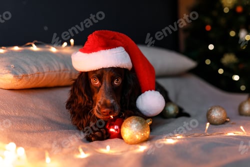 Preview: Russian spaniel in a red Santa Claus hat plays with Christmas toys, gold balls and jumps on the bed.