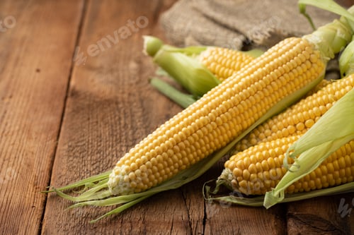 Preview: Fresh corn on cobs on rustic wooden table, closeup. with copy space