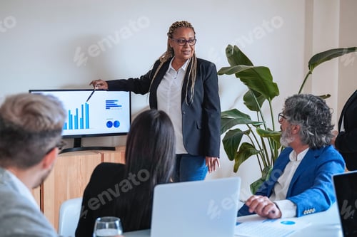 Preview: Multiethnic business people working on finance project meeting inside bank office