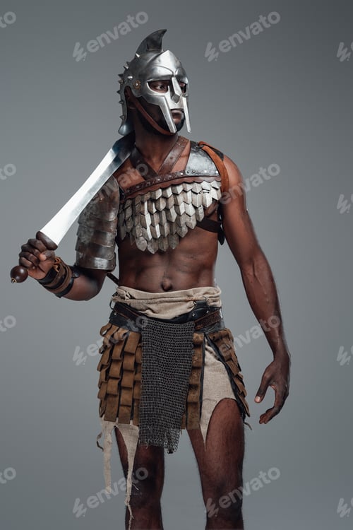 Preview: Black gladiator with naked torso and sword