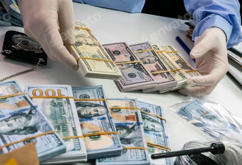 Preview: Specialised police officer Counting dollar banknotes in crime lab, conceptual image