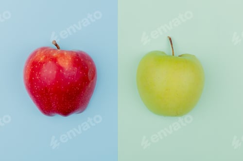 Preview: top view of red and green apples on blue and green background