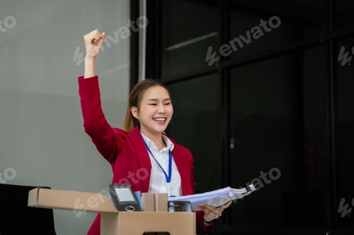 Preview: Successful business man, excited young woman packing up in office