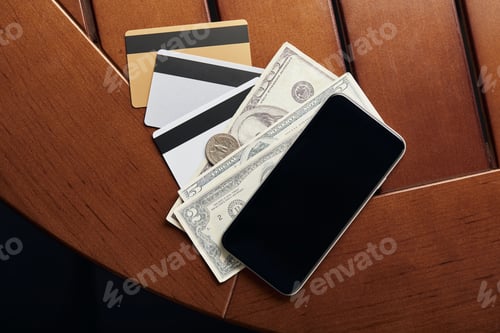 Preview: top view of credit cards, cash and smartphone on table