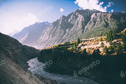 Preview: beautiful mountain river in valley and majestic mountains in indian himalayas