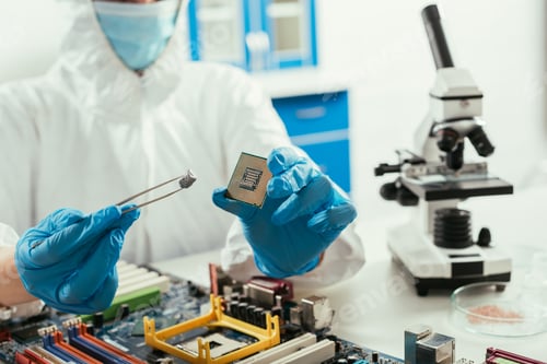 Preview: cropped view of engineer holding microchip and small stone near microscope and computer motherboard