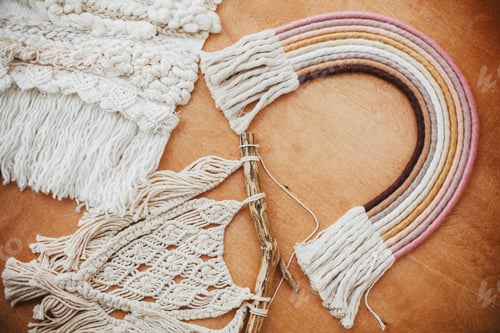 Preview: Stylish macrame and rainbow decoration on wooden table