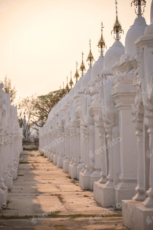 Preview: Stupas at sunset at Kuthodaw Pagoda, at the foot of Mandalay Hill, Mandalay Region, Myanmar (Burma)