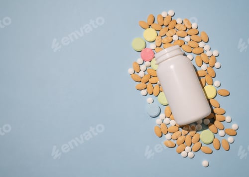 Preview: A variety of tablets and nutritional supplements of different colors are dynamically poured out