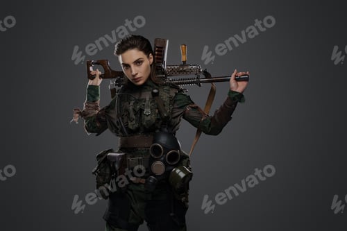 Preview: Portrait of a female soldier holding a homemade automatic rifle