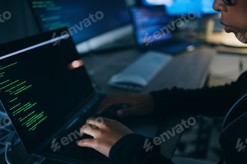 Preview: Hands, code and night with laptop typing with cybersecurity, hacker and software data analysis. Per