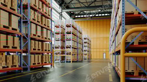 Preview: Large industrial warehouse interior with high shelves full of cardboard boxes and pallets
