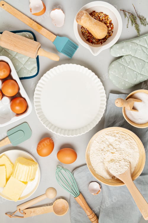 Preview: Rustic baking ingredients flat lay. Homemade pastry, baking. Top view flat lay background. Healthy
