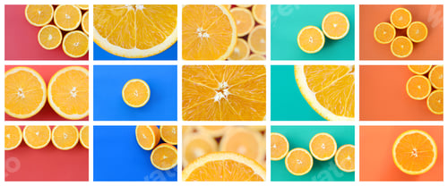 Preview: A collage of many pictures with juicy oranges